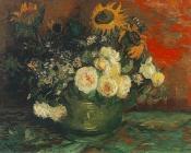 文森特威廉梵高 - 有向日葵，玫瑰等鲜花的碗